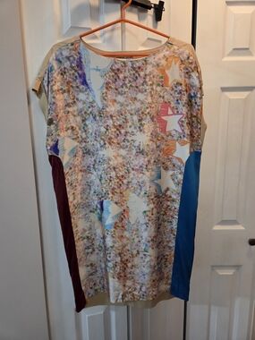 Tsumori Chisato Multicolor Silk Mini Shift Dress with Blue & Burgundy Panels